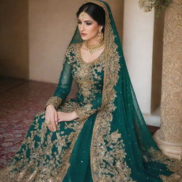 A traditional Pakistani wedding dress in rich, emerald green, adorned with intricate gold embroidery and sequins.