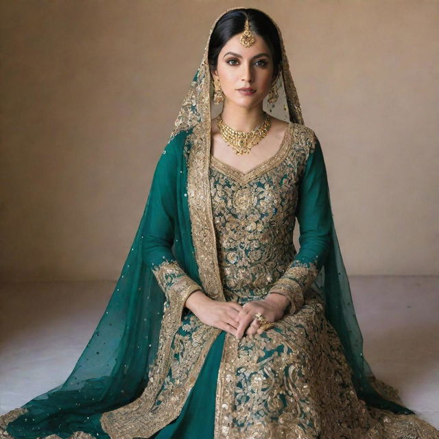 A traditional Pakistani wedding dress in rich, emerald green, adorned with intricate gold embroidery and sequins.