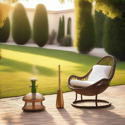 A serene outdoor scene featuring a lush green grass lawn with a comfortable chair