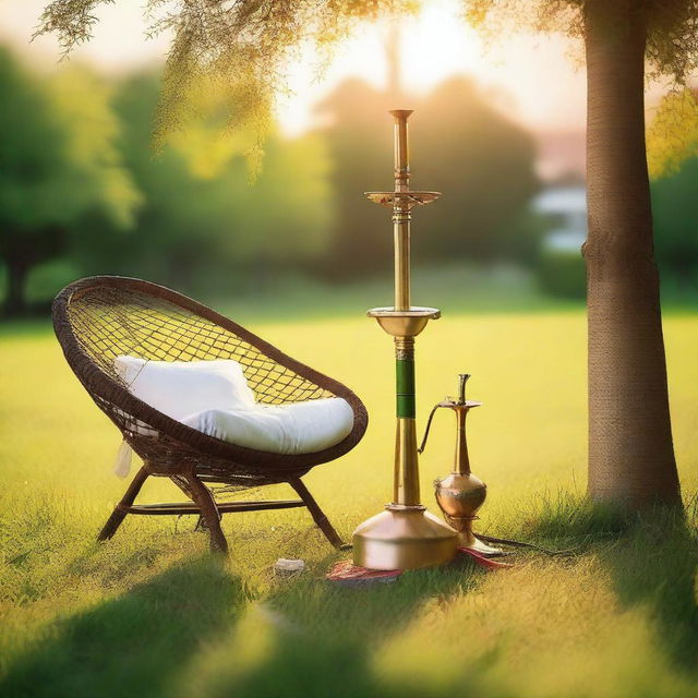 A serene outdoor scene featuring a lush green grass lawn with a comfortable chair