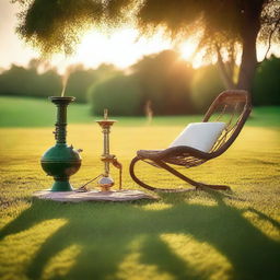 A serene outdoor scene featuring a lush green grass lawn with a comfortable chair