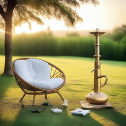 A serene outdoor scene featuring a lush green grass lawn with a comfortable chair