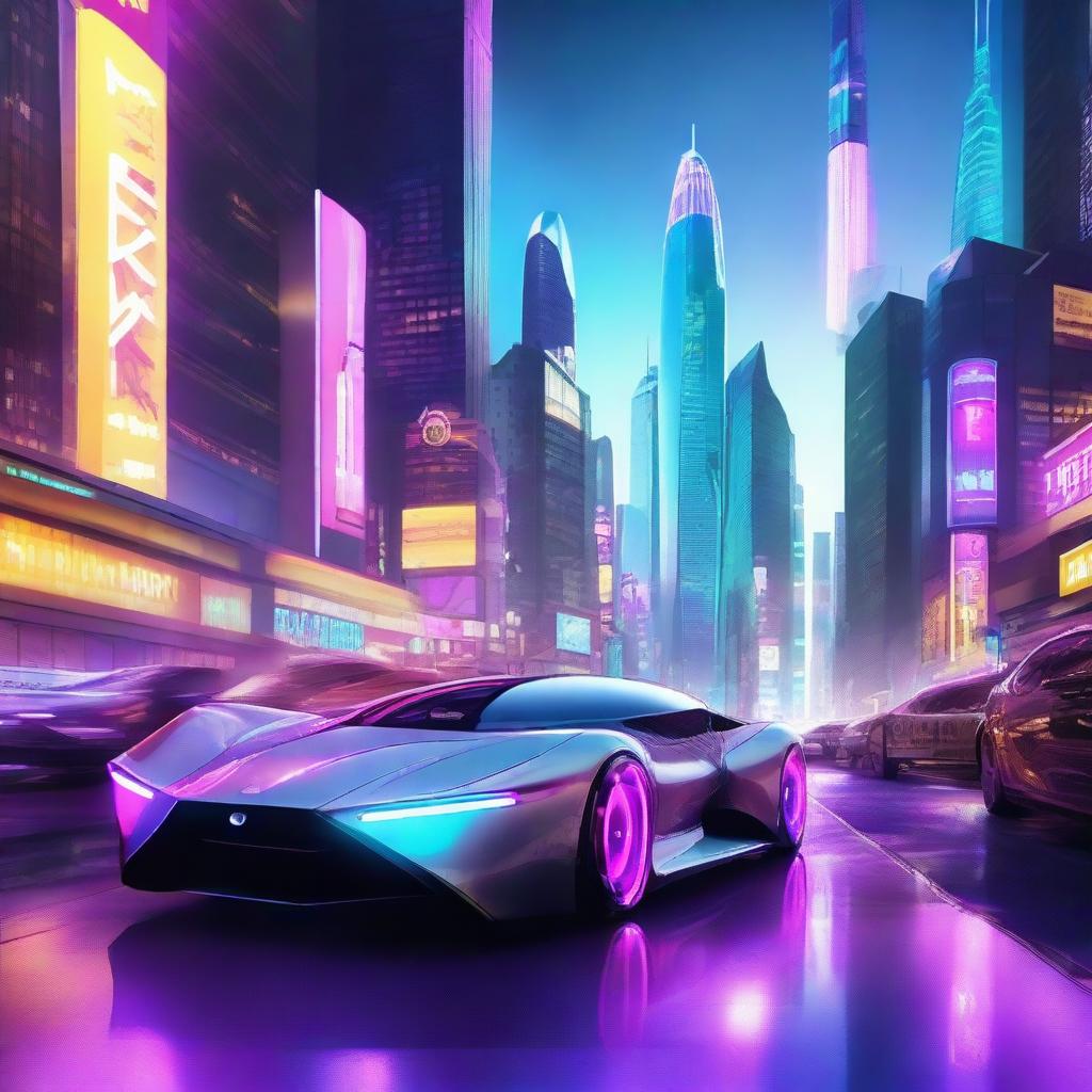 A futuristic scene showcasing advanced technology, featuring sleek robots, holographic displays, and a high-tech cityscape with flying cars and towering skyscrapers