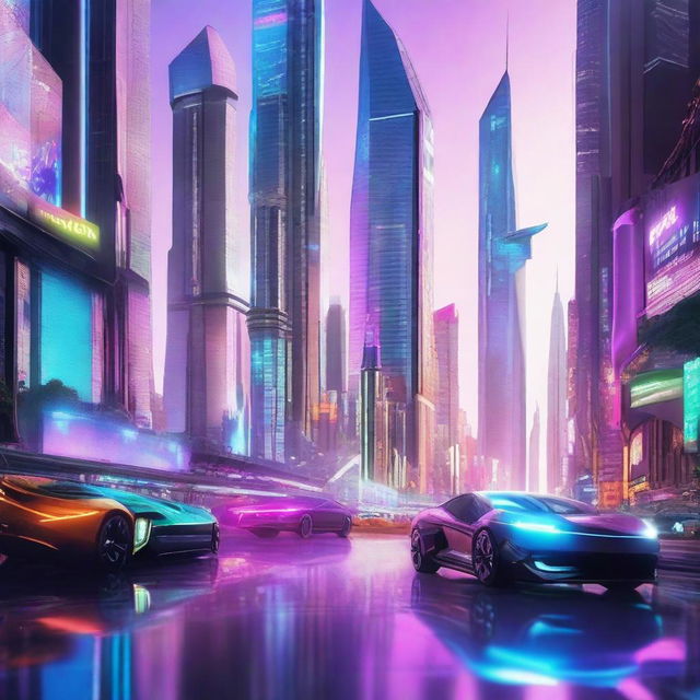 A futuristic scene showcasing advanced technology, featuring sleek robots, holographic displays, and a high-tech cityscape with flying cars and towering skyscrapers