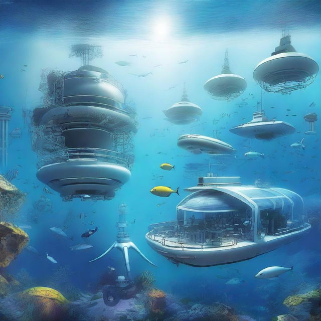 A detailed scene of ocean engineering, featuring advanced underwater structures, submarines, and marine research facilities