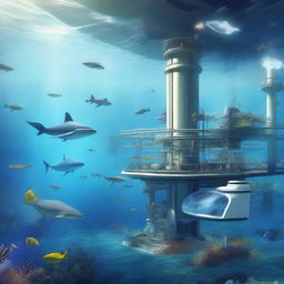 A detailed scene of ocean engineering, featuring advanced underwater structures, submarines, and marine research facilities