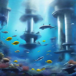 A detailed scene of ocean engineering, featuring advanced underwater structures, submarines, and marine research facilities