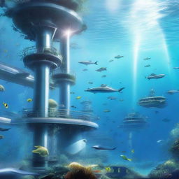 A detailed scene of ocean engineering, featuring advanced underwater structures, submarines, and marine research facilities