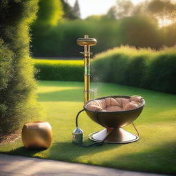 A peaceful outdoor setting with a lush green grass lawn and a comfortable chair