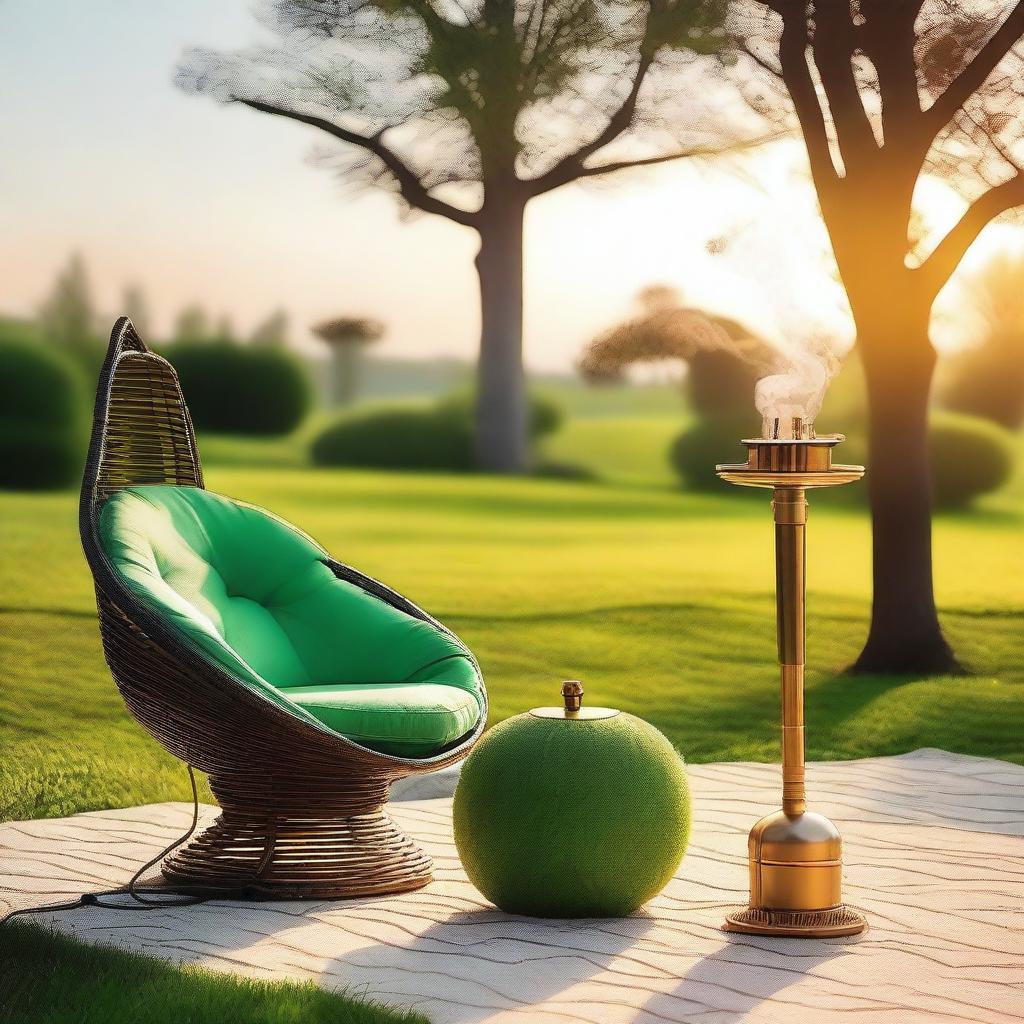 A peaceful outdoor setting with a lush green grass lawn and a comfortable chair