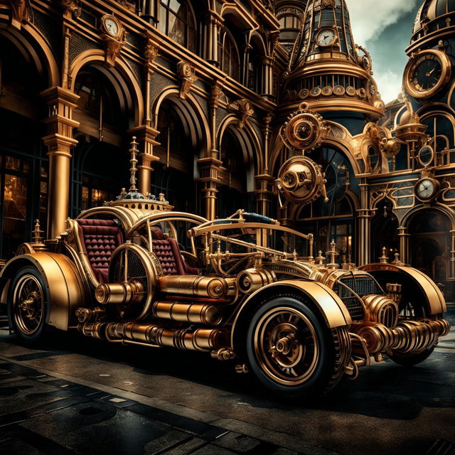 Lamborghini cars in a Steampunk universe, transformed into brass and copper marvels with intricate gearwork and steam-powered engines, gliding through a Victorian-era city