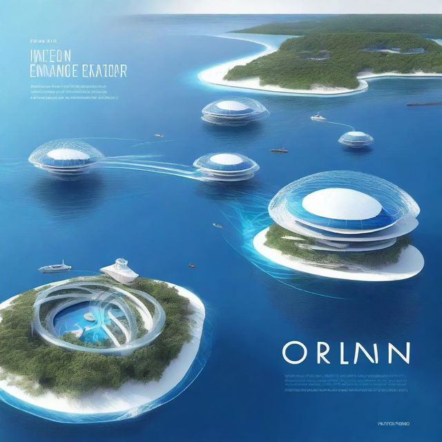 A modern and futuristic cover design for ocean engineering, emphasizing the construction of artificial islands