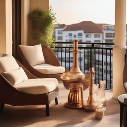 A cozy lounge zone on a balcony, featuring comfortable chairs and a hookah