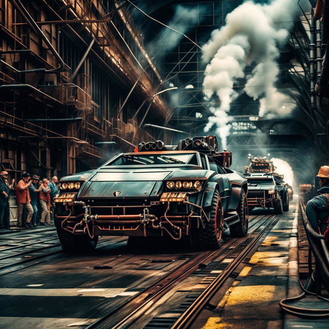 Lamborghini cars in a Dieselpunk universe, transformed into rugged, diesel-powered beasts with heavy metal plating and exposed mechanical components, racing through an industrial metropolis