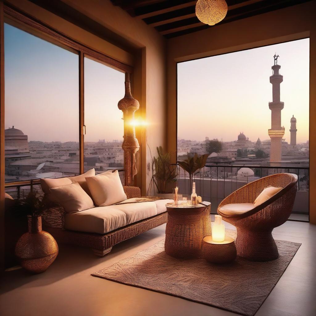 A cozy lounge zone on a balcony, featuring comfortable chairs and a hookah