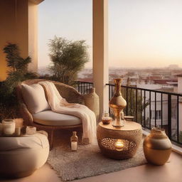 A cozy lounge zone on a balcony, featuring comfortable chairs and a hookah