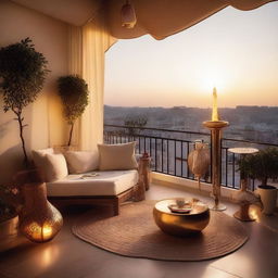 A cozy lounge zone on a balcony, featuring comfortable chairs and a hookah