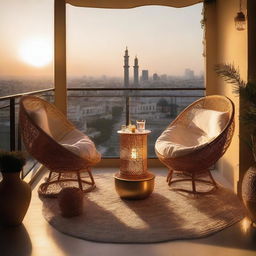 A cozy lounge zone on a balcony, featuring comfortable chairs and a hookah