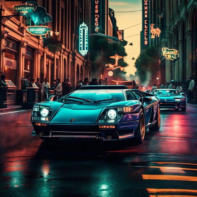 Lamborghini cars in a Gaspunk universe, transformed into sleek, gas-powered machines with chrome accents and glowing gas tubes, cruising through a retro-futuristic cityscape