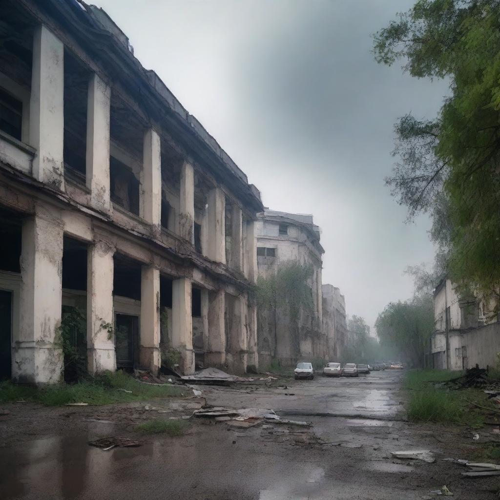 A post-apocalyptic vision of Chisinau, with abandoned buildings and overgrown vegetation taking over the cityscape