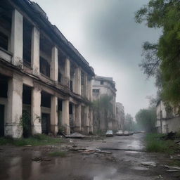 A post-apocalyptic vision of Chisinau, with abandoned buildings and overgrown vegetation taking over the cityscape