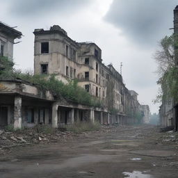 A post-apocalyptic vision of Chisinau, with abandoned buildings and overgrown vegetation taking over the cityscape