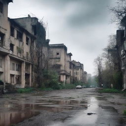 A post-apocalyptic vision of Chisinau, with abandoned buildings and overgrown vegetation taking over the cityscape