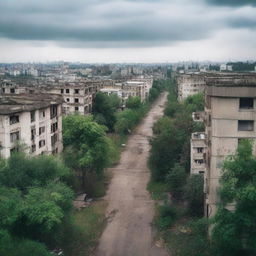 A post-apocalyptic vision of Chisinau, with abandoned buildings and overgrown vegetation taking over the cityscape