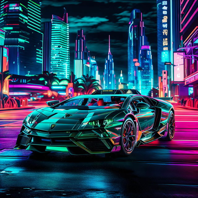 Lamborghini cars in a Cyberpunk universe, transformed into sleek, cyber-enhanced machines with neon lights and holographic displays, cruising through a neon-drenched metropolis