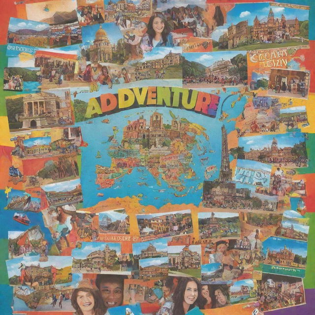 A lively and vibrant college trip poster design featuring a collage of various travel attractions, colorful typography, and enthusiastic students on an adventure, all arranged in a creative and appealing layout.