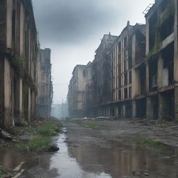 A post-apocalyptic scene of an East European city, with abandoned buildings and overgrown vegetation taking over the urban landscape