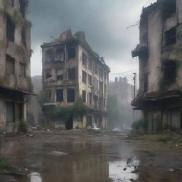 A post-apocalyptic scene of an East European city, with abandoned buildings and overgrown vegetation taking over the urban landscape