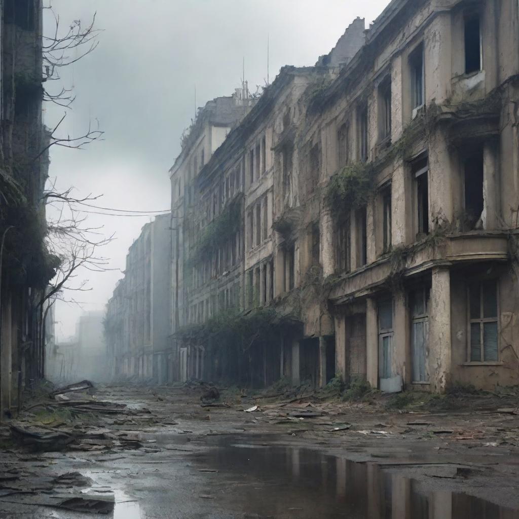 A post-apocalyptic scene of an East European city, with abandoned buildings and overgrown vegetation taking over the urban landscape