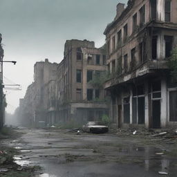 A post-apocalyptic scene of an East European city, with abandoned buildings and overgrown vegetation taking over the urban landscape