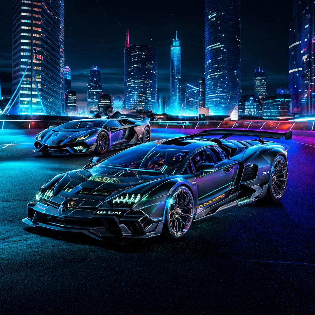 Lamborghini cars in an Electropunk universe, transformed into sleek, electric-powered machines with glowing LED strips and intricate circuitry, racing through a futuristic cityscape