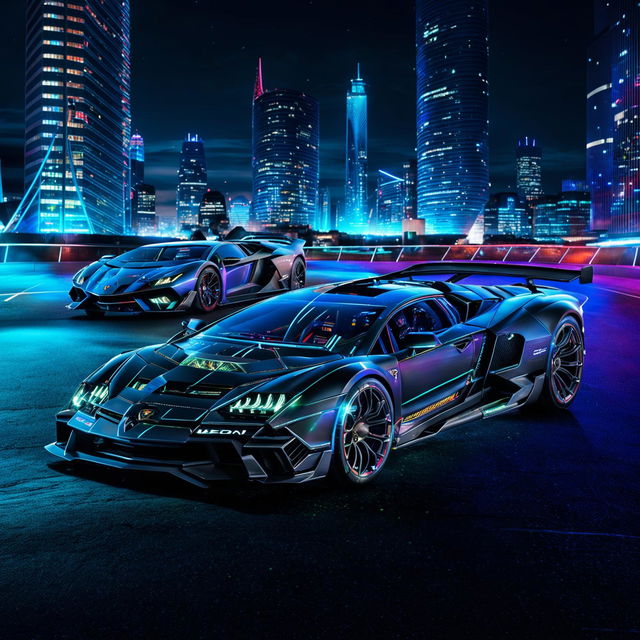 Lamborghini cars in an Electropunk universe, transformed into sleek, electric-powered machines with glowing LED strips and intricate circuitry, racing through a futuristic cityscape