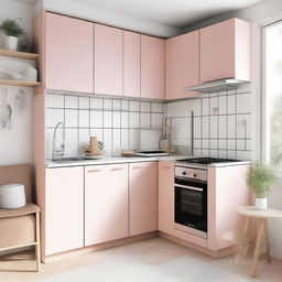 A corner kitchen in light colors, featuring a refrigerator and a cabinet with a built-in stove and microwave with hob