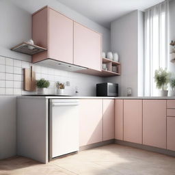 A corner kitchen in light colors, featuring a refrigerator and a cabinet with a built-in stove and microwave with hob