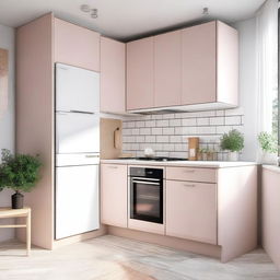 A corner kitchen in light colors, featuring a refrigerator and a cabinet with a built-in stove and microwave with hob