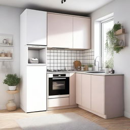 A corner kitchen in light colors, featuring a refrigerator and a cabinet with a built-in stove and microwave with hob