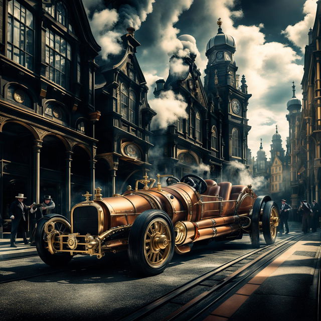 McLaren cars in a Steampunk universe, transformed into steam-powered machines with brass fittings and intricate gears, racing through a Victorian-era city