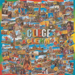 A lively and vibrant college trip poster design featuring a collage of various travel attractions, colorful typography, and enthusiastic students on an adventure, all arranged in a creative and appealing layout.