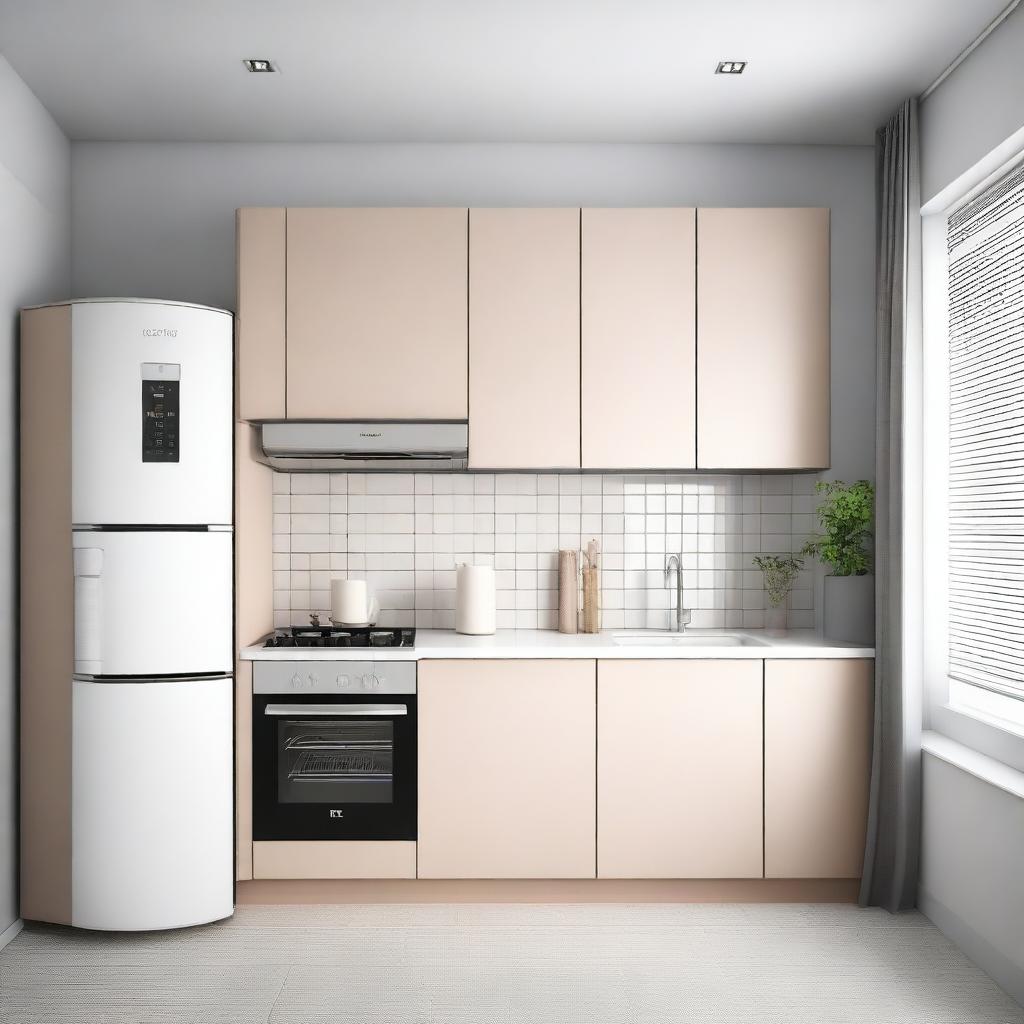 A modern, minimalistic corner kitchen in light colors, featuring a refrigerator and a cabinet with a built-in stove and microwave with hob