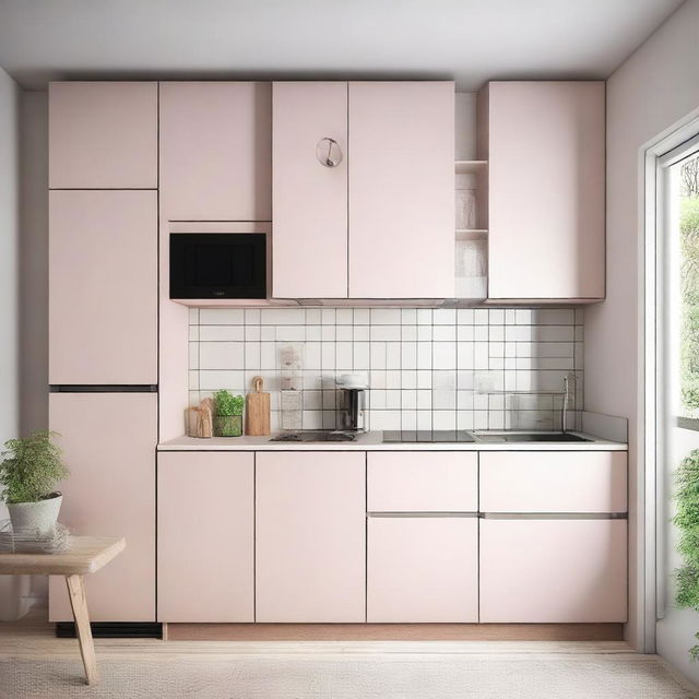 A modern, minimalistic corner kitchen in light colors, featuring a refrigerator and a cabinet with a built-in stove and microwave with hob