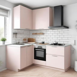 A modern, minimalistic corner kitchen in light colors, featuring a refrigerator and a cabinet with a built-in stove and microwave with hob