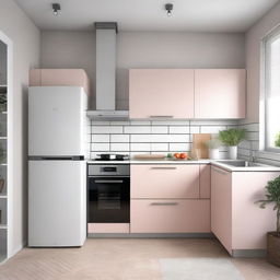 A modern, minimalistic corner kitchen in light colors, featuring a refrigerator and a cabinet with a built-in stove and microwave with hob