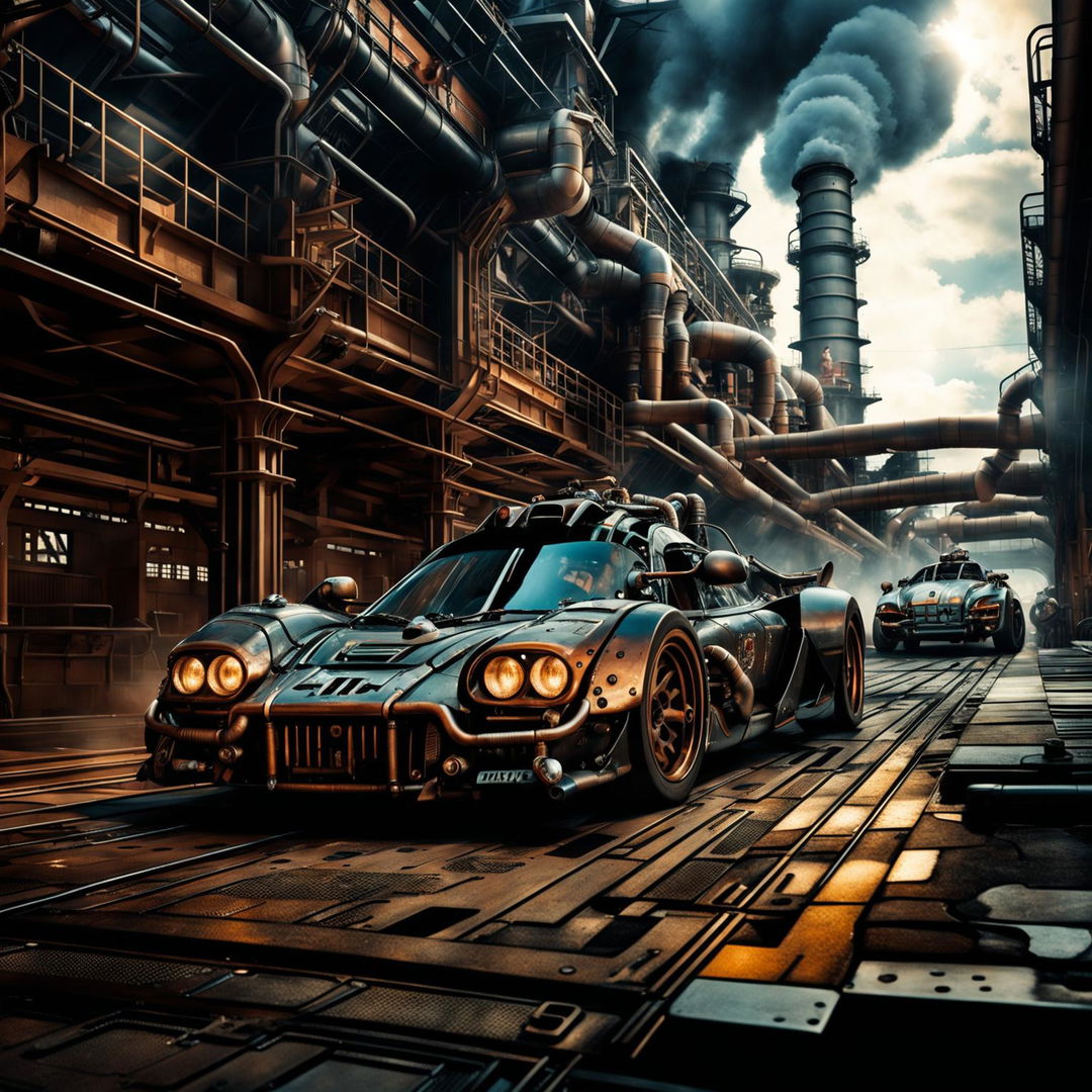 McLaren vehicles in a Dieselpunk universe, transformed into diesel-powered machines with heavy metal plating, rivets, and exposed mechanical parts, racing through an industrial metropolis