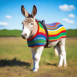 A cute donkey standing in a field, wearing a colorful garment