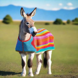 A cute donkey standing in a field, wearing a colorful garment