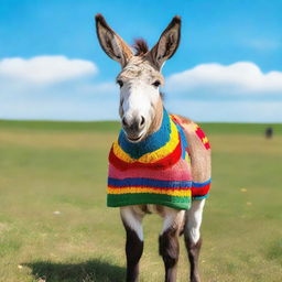 A cute donkey standing in a field, wearing a colorful garment